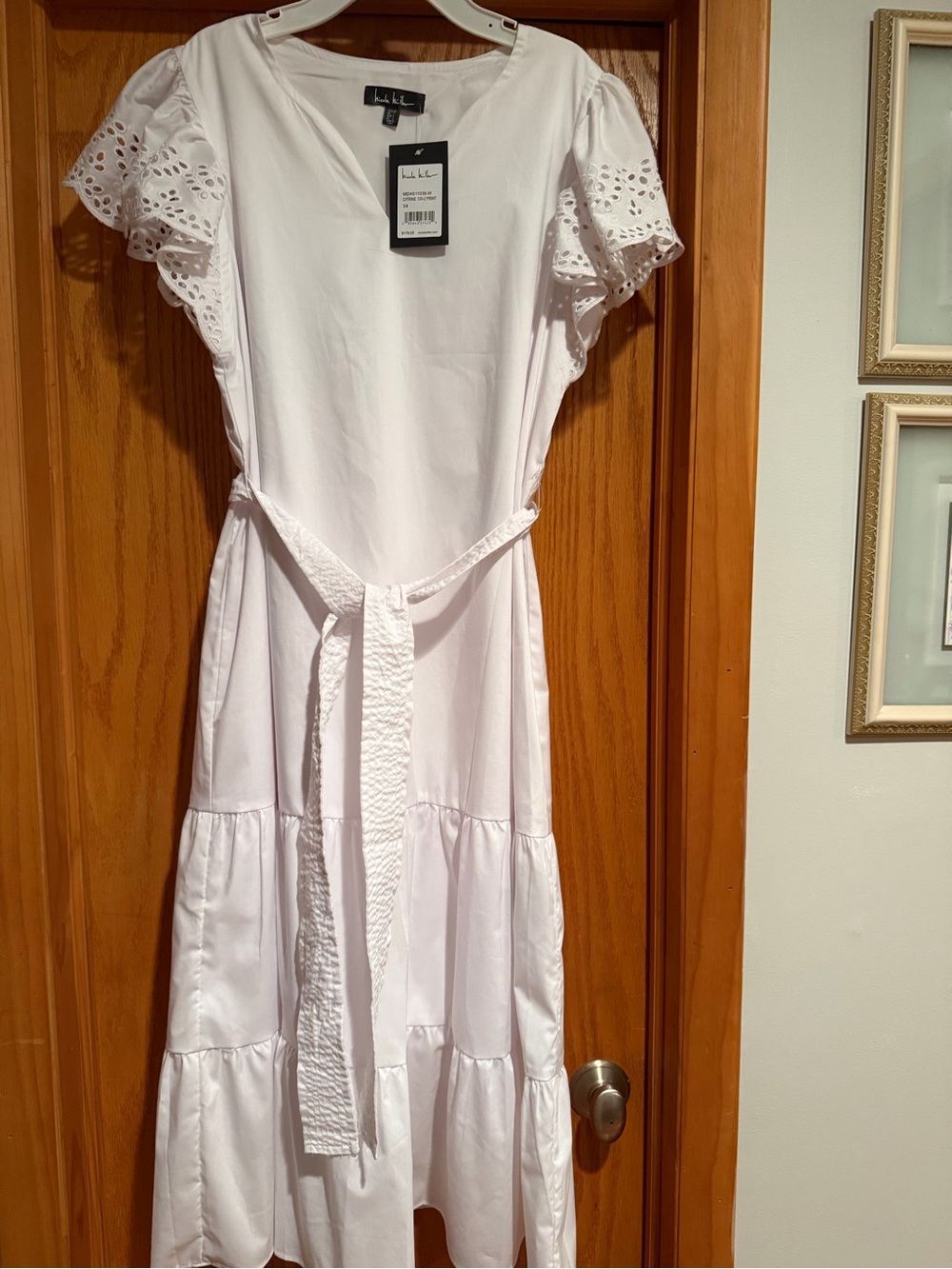 Nicole Miller White Cotton Eyelet Sleeve Maxi Dress with Self-Tie Waist size 14